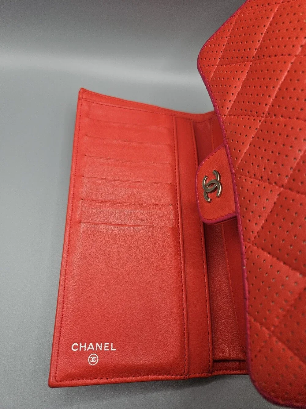 🌺Chanel Authentic Quilted Perforated Coral Red Leather Wallet/Clutch🌺